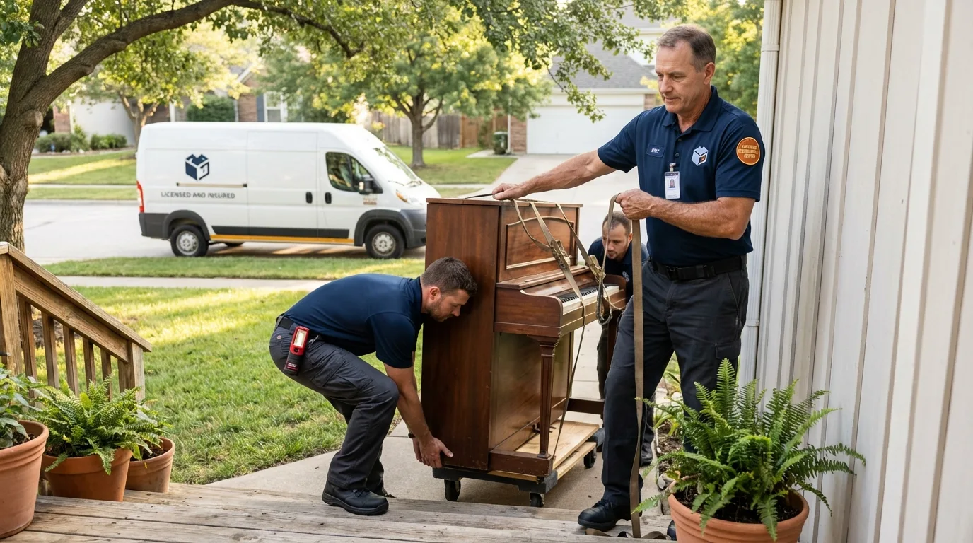 Licensed piano movers securing grand piano in Suffern, NY