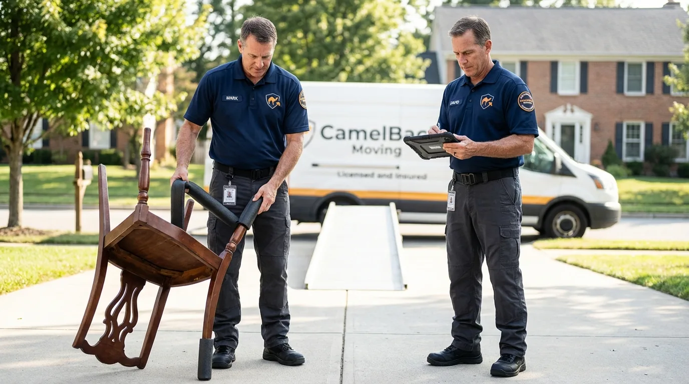 Movers inspecting furniture for damage prevention before loading in Suffern, NY